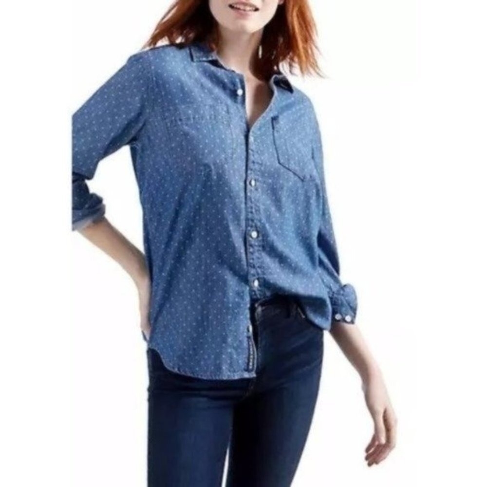 Lucky Brand The Polka Dot Boyfriend Shirt Denim Color size S Small